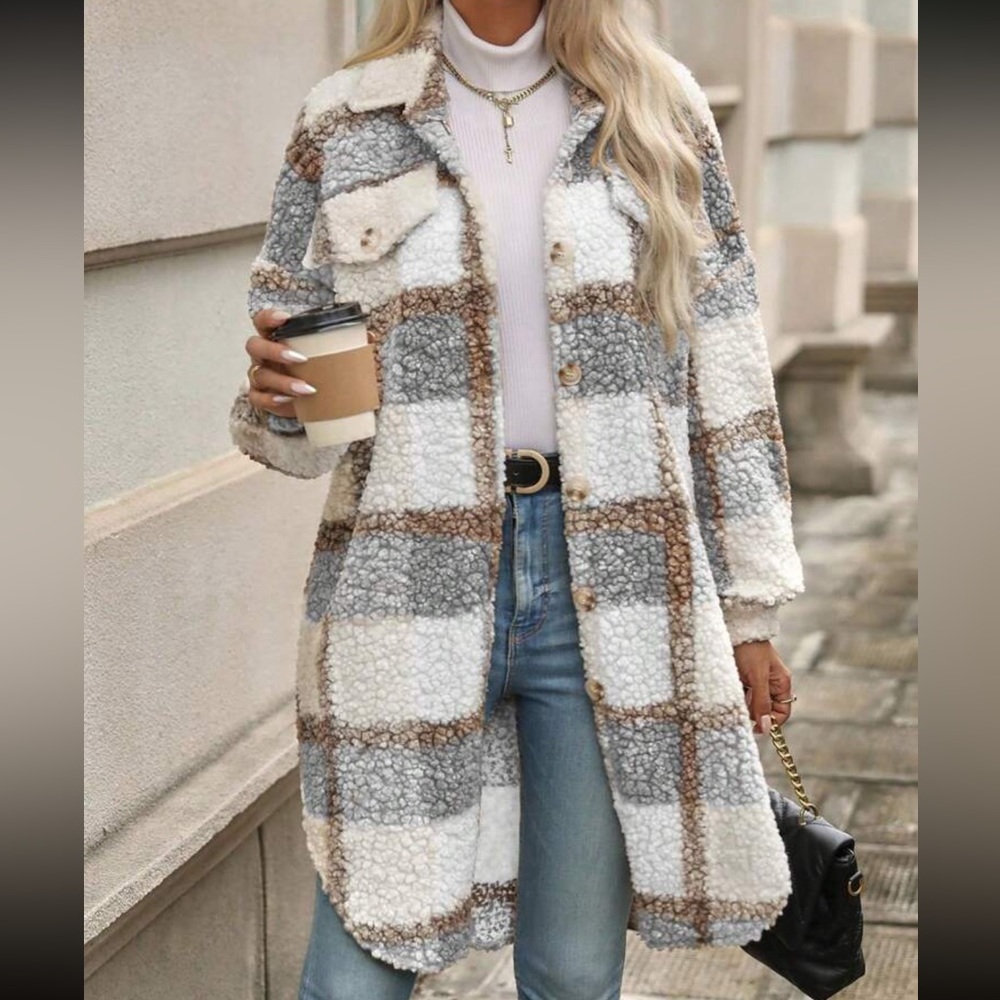 Boho plaid button down teddy jacket